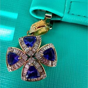 14k solid gold natural tanzanite and diamonds pendant very large